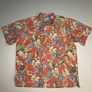 90s Reyn Spooner Reverse Print Aloha Shirt Mens Large Red‎ Botanical Monstera